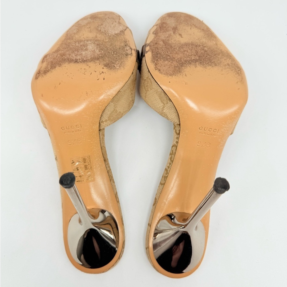 Gucci Beige Brown Gunmetal Grey GG supreme monogram horsebit mules heels Y2K 9.5 - Picture 6 of 9